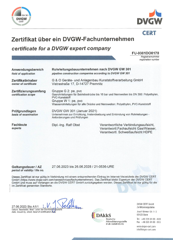 Zertifikat DVGW-Fachunternehmen